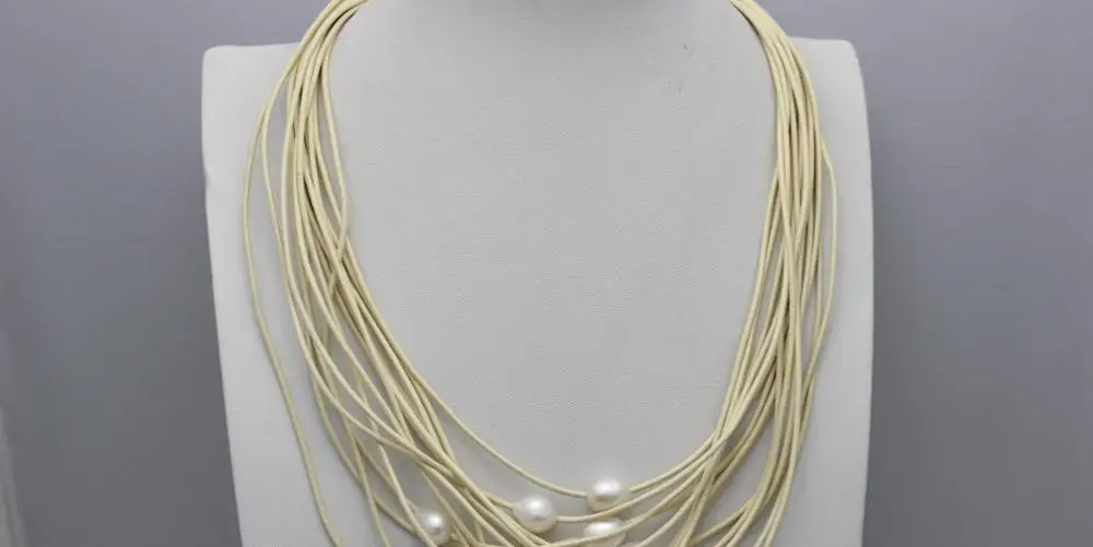 

white freshwater pearls 15strands Beige leather necklace19-23" Alloy "Handmade" a(5.18)