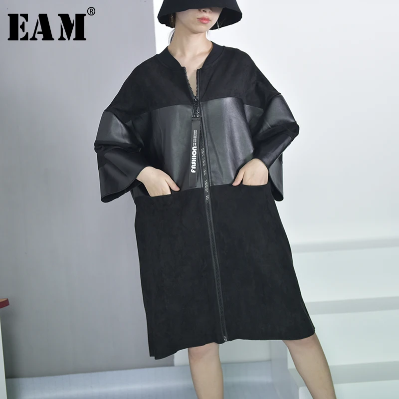 [EAM] 2019 New Spring Stand Collar Solid Color Black PU Leather Split Joint Loose Big Size Jacket Women Fashion Tide JC25301