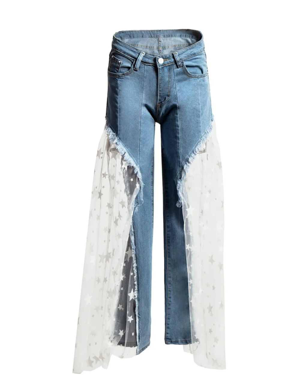 Lace Mesh Spliced Denim Pants Women Casual Star Print Sexy Burr Perspective  Long Women Jean Elegant Outwear Loose Women Pants|Jeans| - AliExpress
