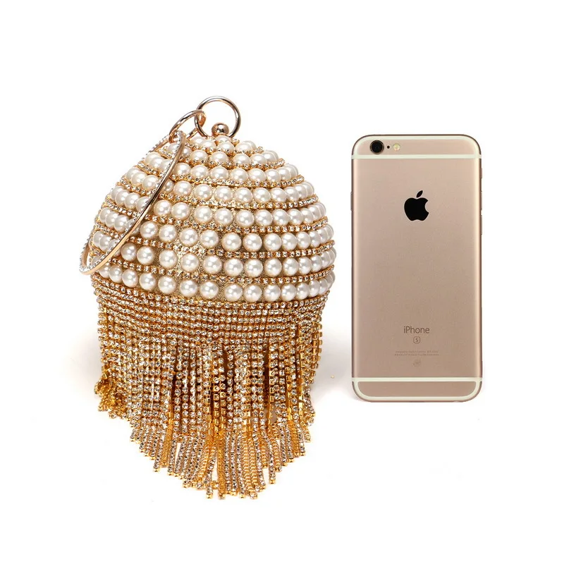 Luxy Moon Gold Round Pearl Glitter Clutch Bag Size Compare with iPhone