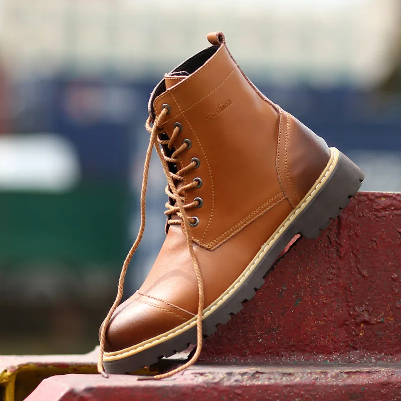 

Fashion Leisure Men Martin Boots Ankle Round Toe Low Punk Motorcycle Boots Sewing Solid Spring Autumm Lace up Outdoor Shoes