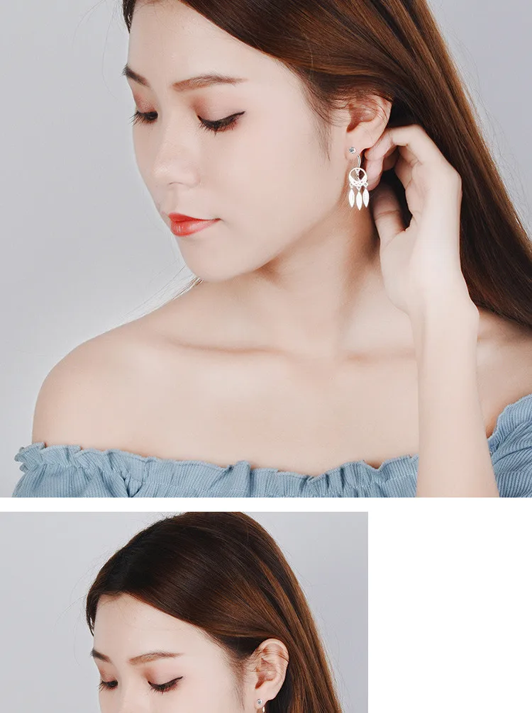 Japanese And Korean Style Simple Fashion Round 925 Sterling Silver Dream Catcher Feather Moon Crystal Creative Earrings SE661