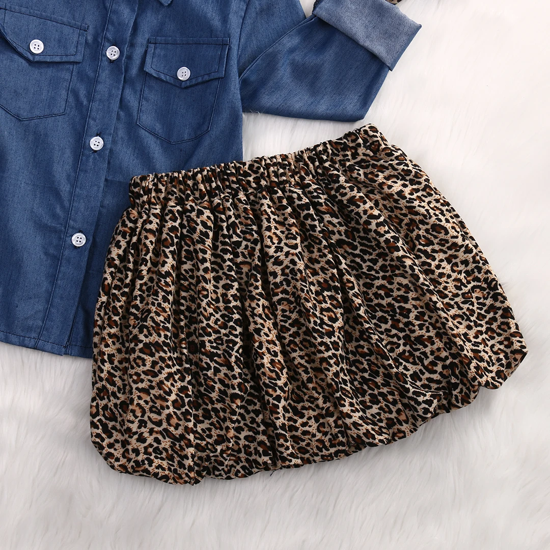 Emmaaby/платье для маленьких девочек из 3 предметов джинсовая рубашка+ леопардовая юбка+ повязка на голову, комплект детской одежды От 6 месяцев до 5 лет