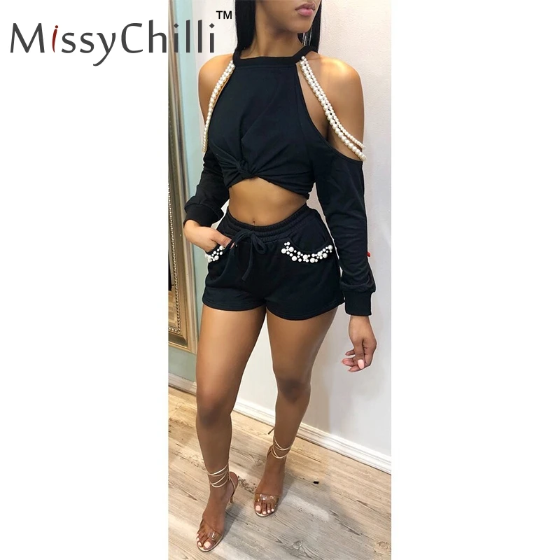 MissyChilli Black off shoulder halter pearl sexy jumsuit rompers Women summer two piece set Playsuit long sleeve club overalls