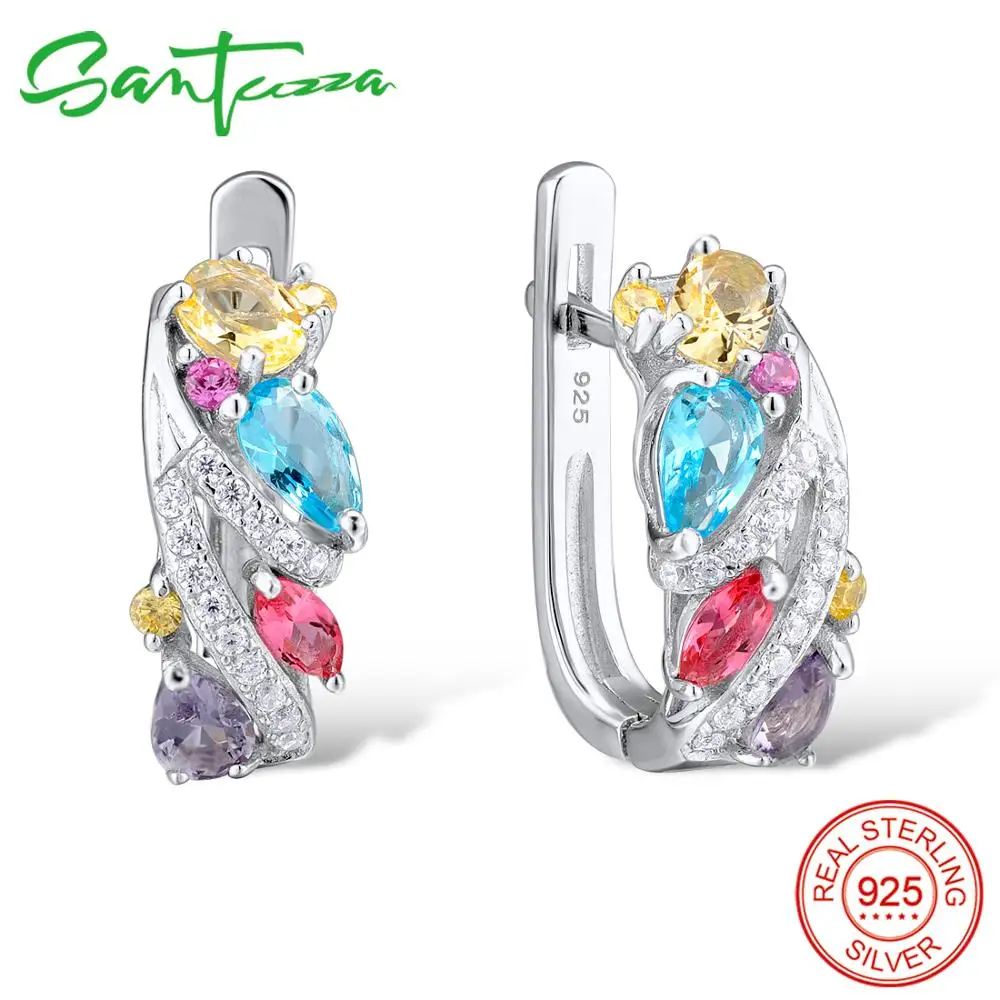 SANTUZZA Silver Earrings For Women 925 Sterling Silver Stud Earrings Silver 925 with Colorful Natural Stones brincos Jewelry    