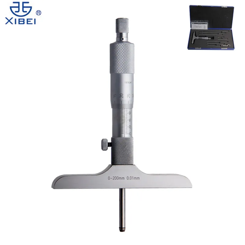 XIBEI 0 200mm Depth Micrometer Ratchet With 8 Rods Stainless Steel
