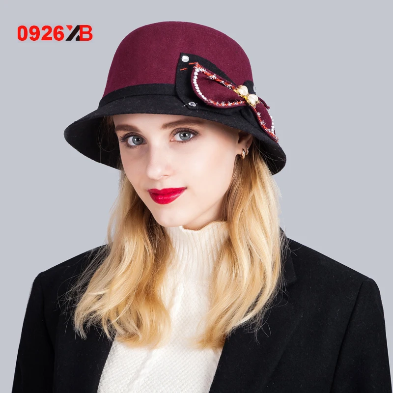 0926XB 2017 Lady Fedoras Adult Wool Felt Bucket Hats for Women Fedora