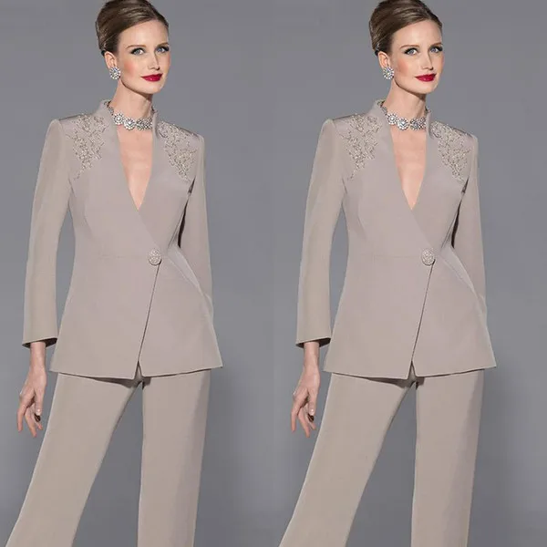 Elegant Mother Of Bride Pan Suit Long Sleeves Appliques Satin Mother Of The Bride Custom Made Formal Suit