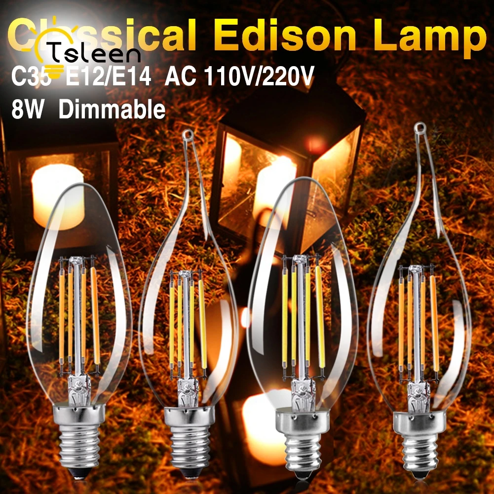 TSLEEN 6Pcs Dimmable Edison E14 LED Glass Housing Bulb C35 Candle Light E12 Filament Led Lamp 8W 110V 220V Replace Incandescent