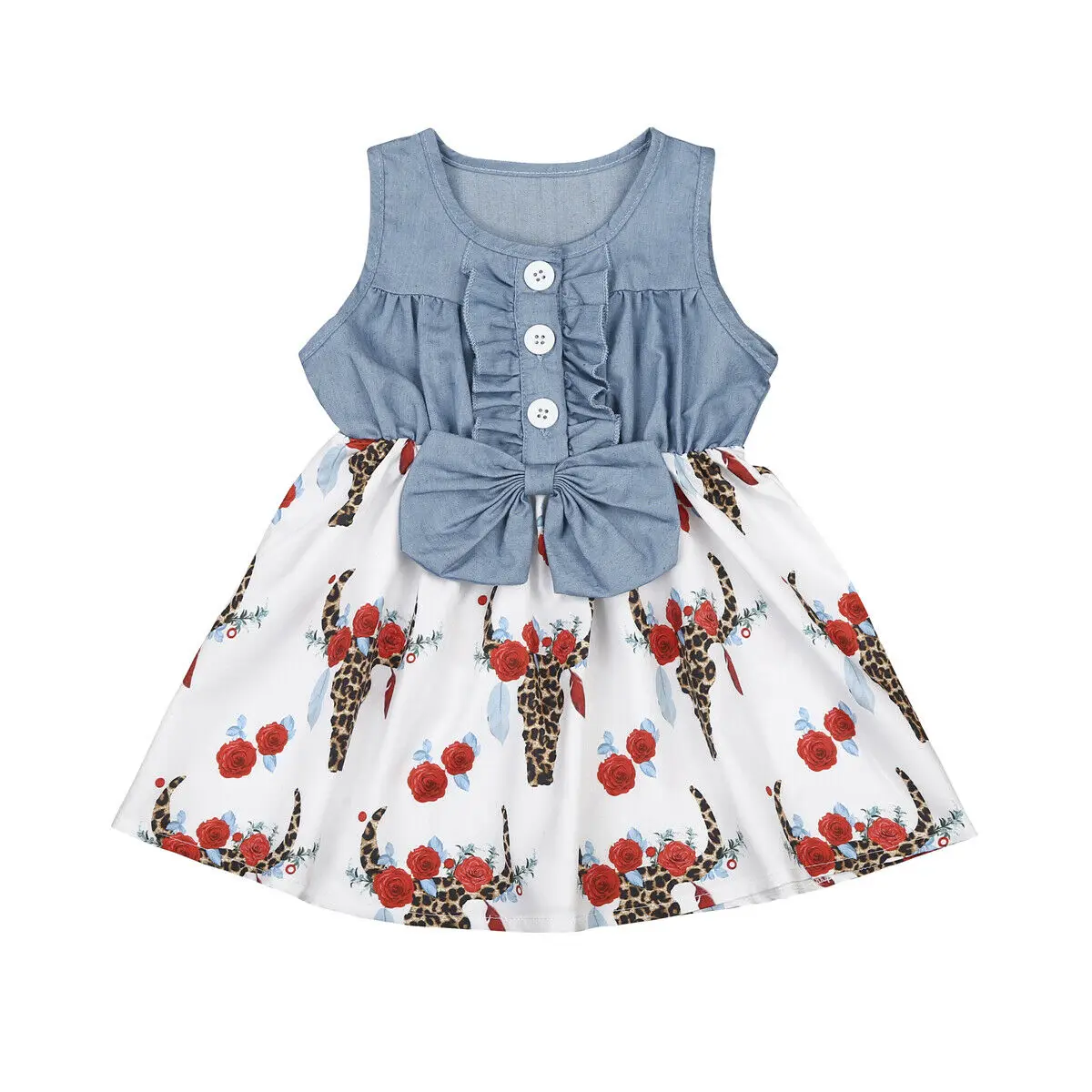 

2019 Newest Style Spring Summer Kid Baby Girl Sleeveless Buttoned Floral Ruffle Adorable Dresses Party Dress 1-5Years