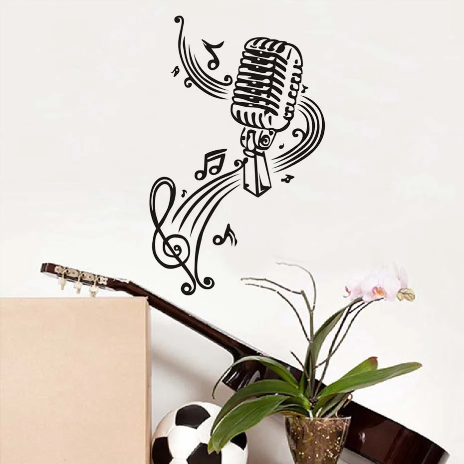 Microphone Music Notes Wall Art Decals Vinyl Murals Sticker For Living Room Kalaoke Room Removable Wallpaper Modern Home Decor (4)