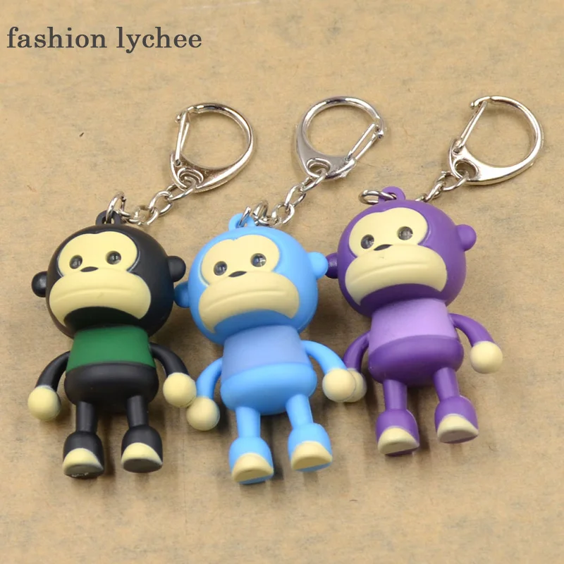fashion lychee Cute Multi Color Monkey Keychain With LED Light Sound Key Ring Key Chain Car Bag