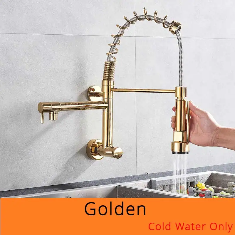 Black Bronze Kitchen Faucet One Handle Cold Water Tap for Kitchen Wall Mounted Single Hole Pull Down Swivel Spout Faucet - Цвет: Golden Faucet