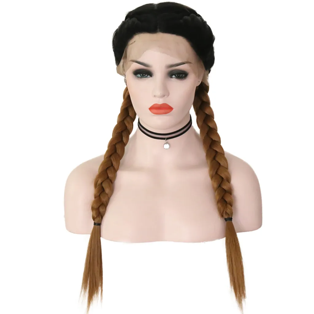 Top Quality Synthetic Baby Hair Braided Double Lace Front Wig Long Brown Ombre Brown Wigs Peluca Perruque Gift Dropshipping Top Quality Synthetic Baby Hair Braided Double Lace Front Wig Long Brown Ombre Brown Wigs Peluca Perruque Gift Dropshipping