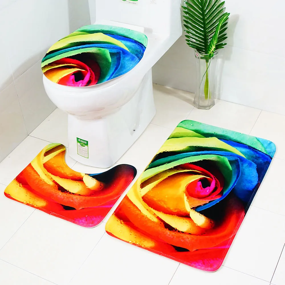 

Bathtub Rugs Rose print toilet mat three-piece 3pcs bathroom mat set bath mat anti slip bath rug anti derapant autocollant