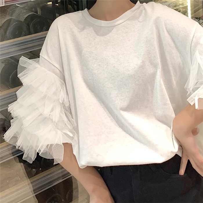 CHEERART летняя негабаритная футболка женская с коротким рукавом сетчатый топ хлопковые футболки Femme топ с пышными рукавами Корейская уличная одежда