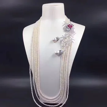 

Freshwater Pearl Necklace Earrings Jewelry Set Long Multi-row Multi-layer Sweater Chain S925 Silver Plate White Gold Earrings