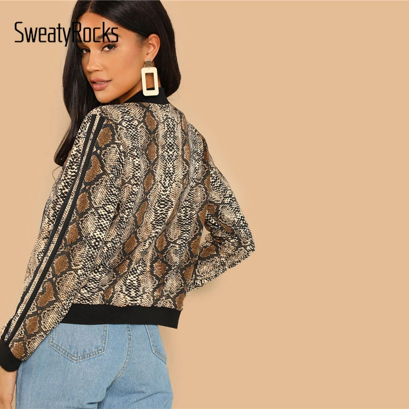 SweatyRocks Casual Striped Sleeve Snakeskin Jacket Stand Collar Zip Up Long Sleeve Coat 2018 Autumn Streetwear Women Jackets