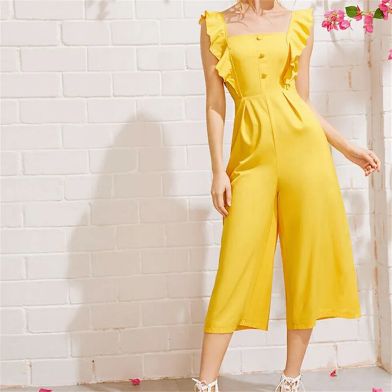 

New Arrival Fashion Women Sleeveless Solid Yellow Ruffles Sleeve Slim Waist Wide Leg Pant Jumpsuit Romper Casual Clubwear