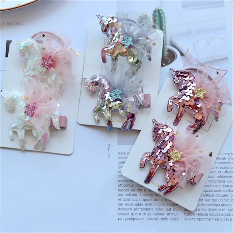 

12pcs/lot Sparkly Sequin Unicorns Bow Duckbill Hair Clip Cute Star Princess Hair Rope Girls Hairpins Barrette Hair Accessories