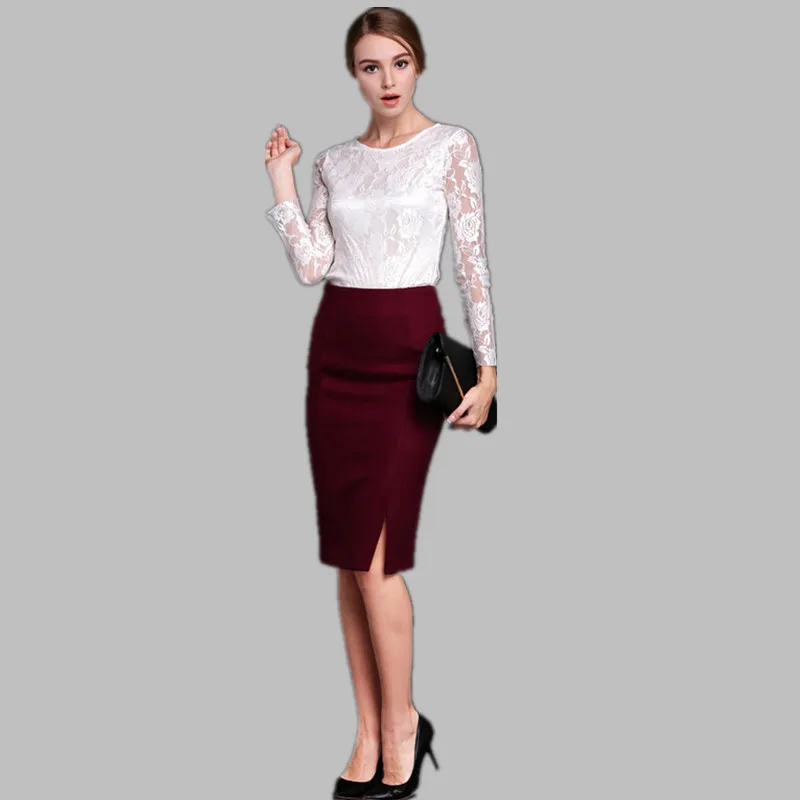 Otoño Más Cintura wine Faldas longitud Lápiz Alta Falda De Europeo Borgoña Mujeres Red Primavera Rodilla Black Moda Estilo Lana qzwISpO