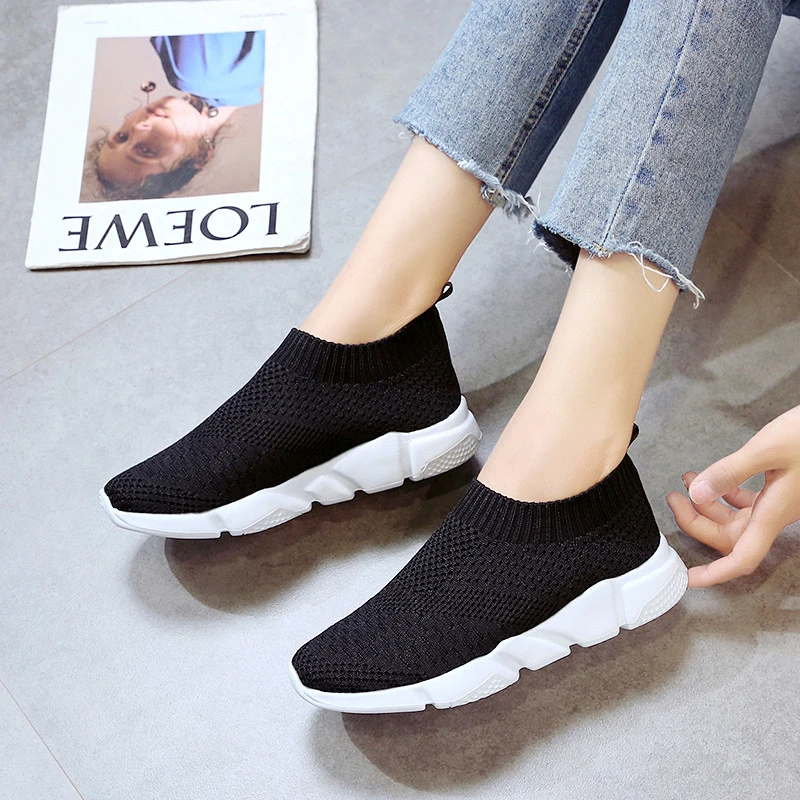 

Bomlight Women Plus Size White Sneakers Flyknit Female Flats Shoes Casual Slip On Sock Flat Shoe Mesh Soft Walking Footwear