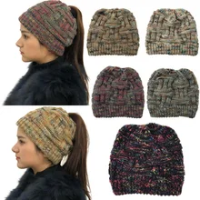 Прямая поставка,, Зимняя женская шапка, женская, для девушек, тянущаяся, вязанная шапка, грязный пучок, конский хвост, шапочка, Holey, теплые шапки, шапки для женщин
