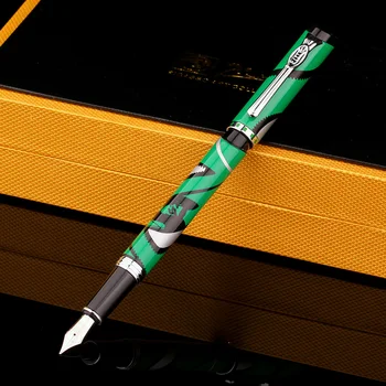 

Pimio927 Fashion Gift Pens Green White Fountain Pen F Nib 0.5mm Ink Pens with Exquisite Pattern Gift Case School Office Supplies