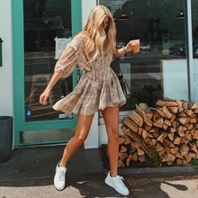 KIYUMI платье для женщин, из искусственного шелка летнее платье Дикий цветение в богемном стиле сандалии с ремешками с принтом с длинными рукавами, с манжетами и Повседневное свободные пляжное мини-платье, Новинка