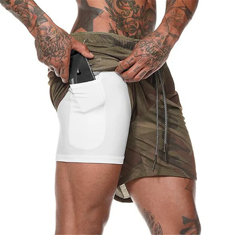 

Cross-border Specially Designed For Men's Double-decker Pure-color Shorts Large-size Stitching Belt Pocket Fitness Exercise Trai