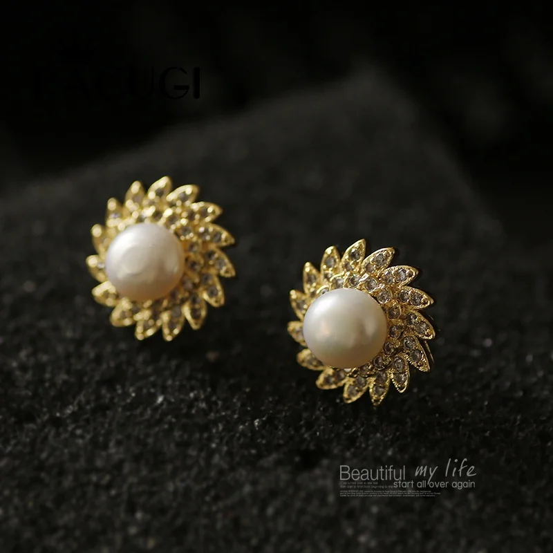 

2019 New Women Charm Pearl Earrings 925 Silver Fashion Zircon Round Stud Earrings Luxury Women Jewelry