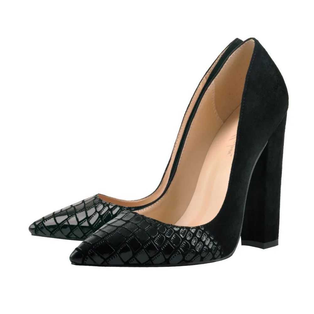 Onlymaker Classic Women's Heels Pointed Toe Block Chunky heel Slip On Shoes Wedding Office Pumps Faux Suede Black big Size 15