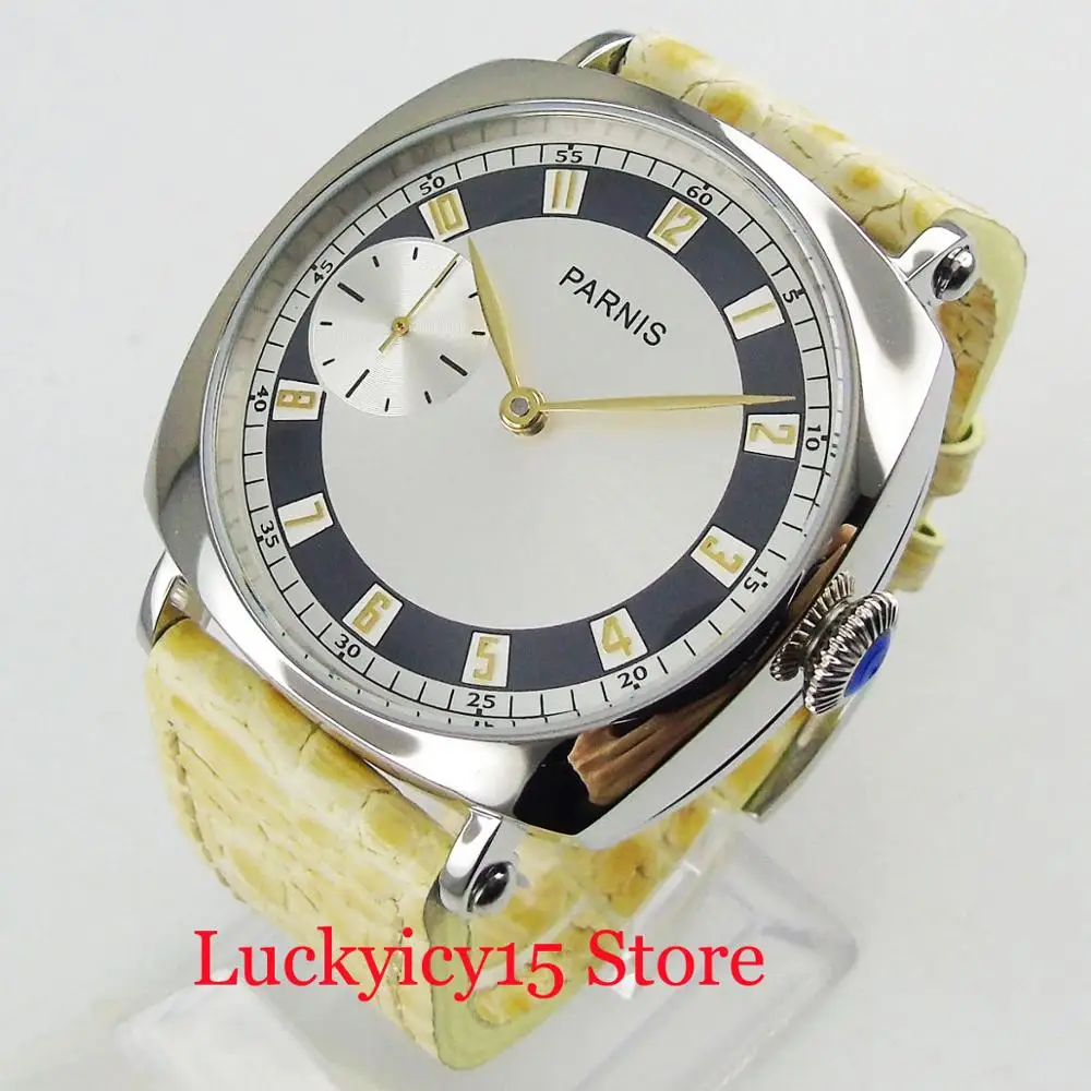

PARNIS High Quality 6487 Hand Winding Men's Watch With White Leather Strap 44mm Diameter Polished Watch Case