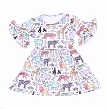 Летняя одежда для девочек мягкое молочное шелковое платье с короткими рукавами и принтом животные Зоопарк Детские белые платья с оборками оптом
