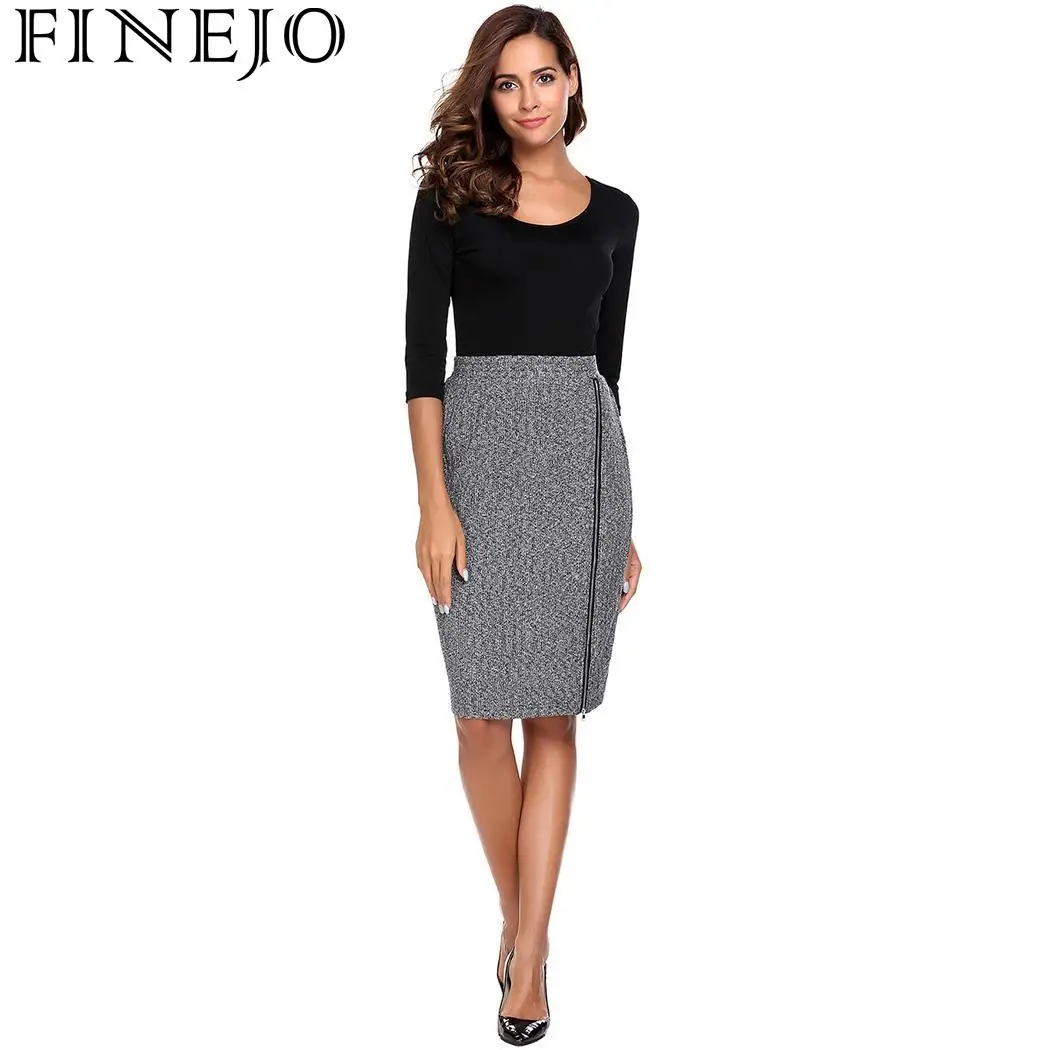

FINEJO Pencil Skirt Women Summer Sheath Slim Fit Solid Rayon Stretch Elastic High Waist Knee-Length Knitted Fashion S-XL