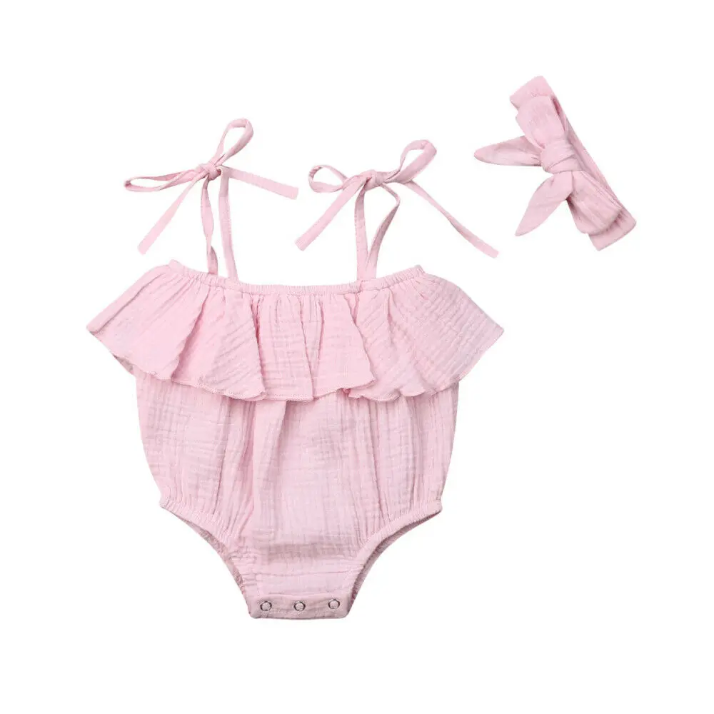 Детская летняя одежда для новорожденных маленьких девочек Комбинезон на бретельках Твердые Хлопок боди повязка 2 шт. Раффлед наряды одежда - Цвет: Розовый