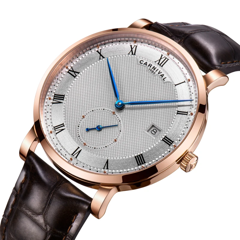 

Carnival Fashion Simple Automatic Mechanical Watch Men Geneva Leather Band Sport Watches Waterproof Mens Clock reloj hombre 2019