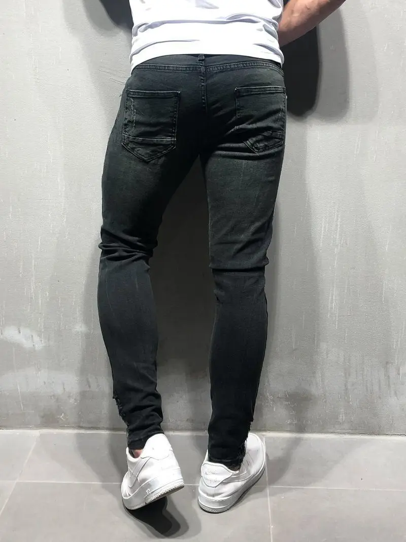 Новинка, мужские обтягивающие джинсы в стиле хип-хоп, модные джинсы с белыми полосками, рваные джинсы стрейч, уличная одежда, джинсовые брюки