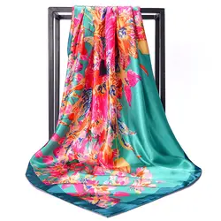 Винтаж для женщин с цветочным принтом квадратный шарф из искусственного шелка шарфы для леди Boho шаль Foulards Femme 90*90