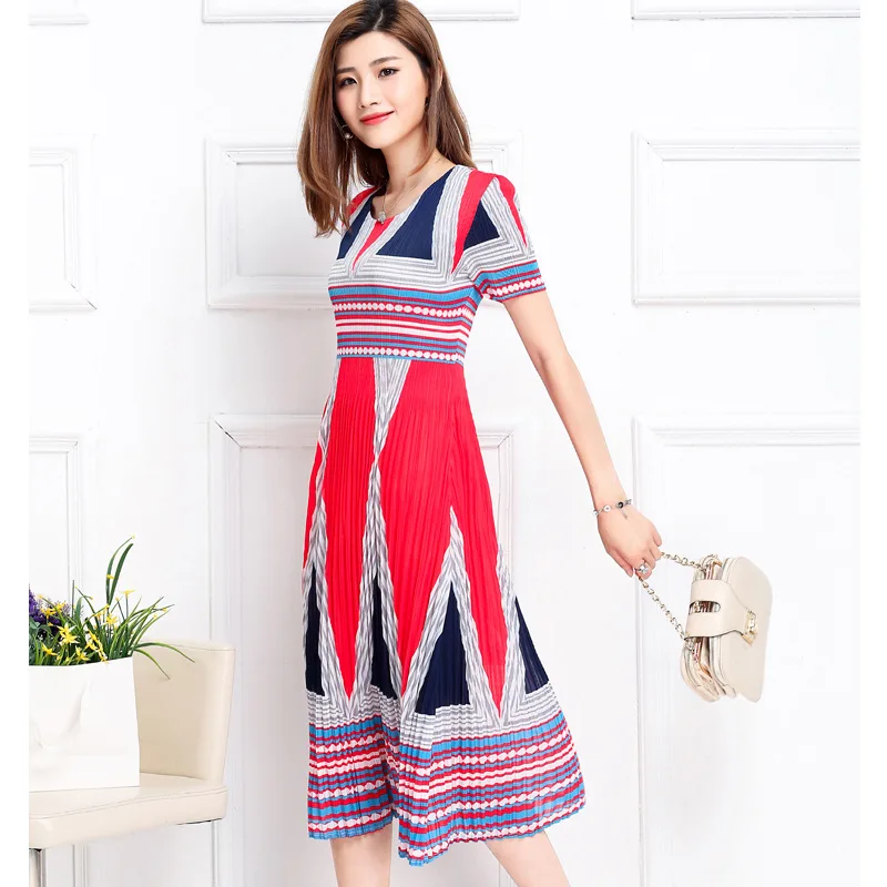 Spring Summer Women Pleated Print Fashion Short Sleeves O neck One Piece Dress-in Dresses from 