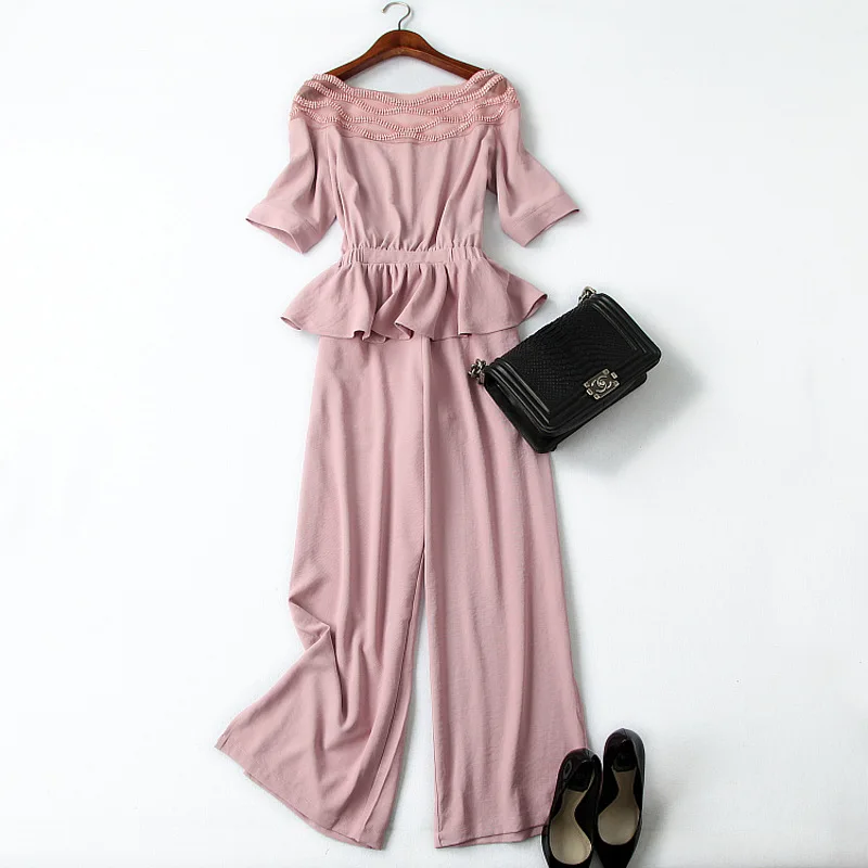 

Pant Suits Ladies 2019 Spring Summer New Slash Neck Patchwork Mesh Beading Ruffles Hem Top + Elastic Waist Split Wide Leg Pants