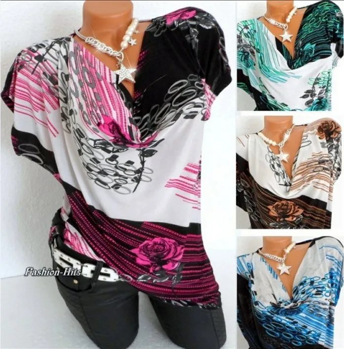 

Large size women's T-shirt 2019 new print shirt collar bat sleeve size plus women's T-shirt