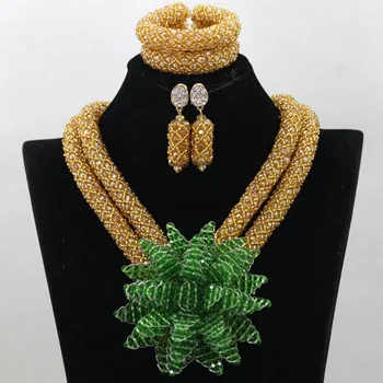 

Popular Champagne Bridal Costume African Beads Jewelry Set Teal Green Pendant Chunky Necklace Set Gift QW436