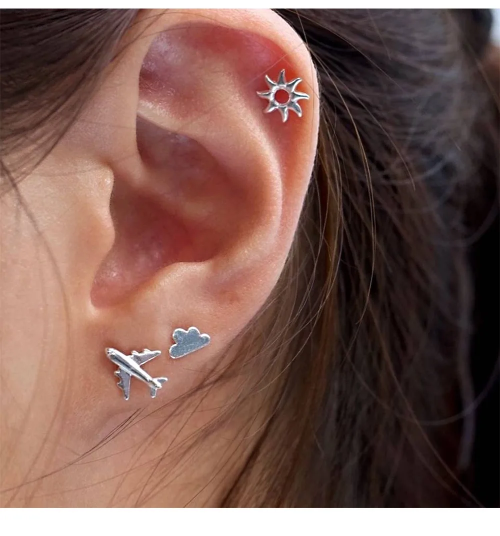 

Unique Design Silver Color Airplane Cloud Sun Earrings Set Punk Metal Simple Small Women Girl Stud Earrings Fashion Lady Jewelry
