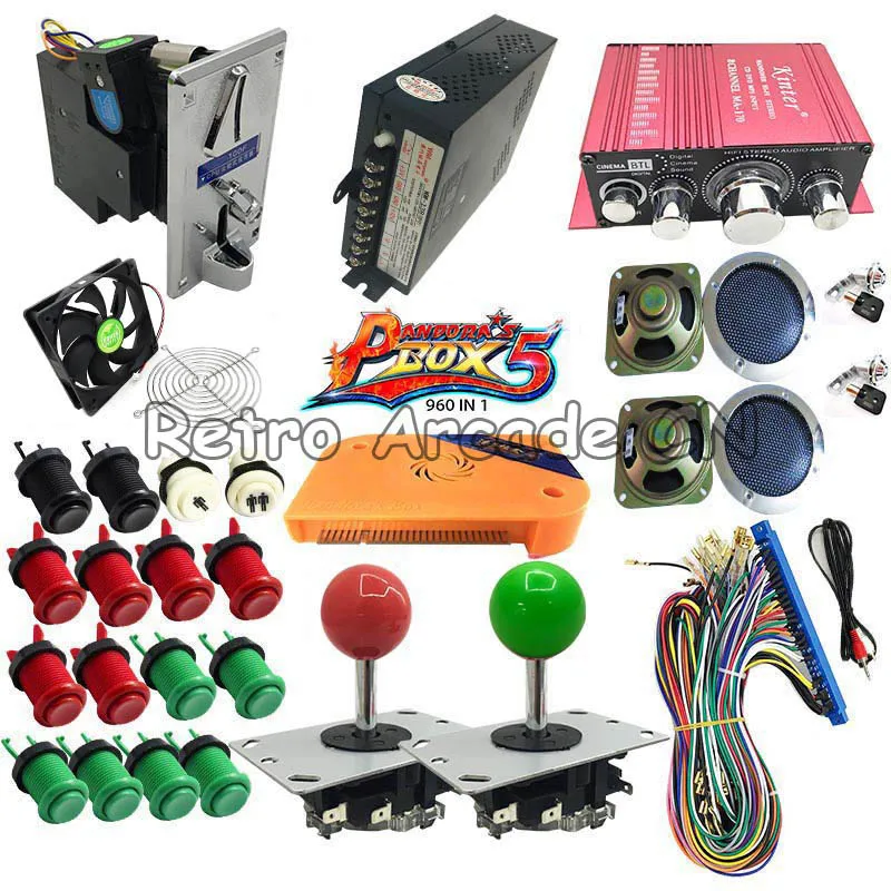Pandora Box 5 PCB Jamma 960 in 1 Zippy Joystick American Push Button Coin acceptor Amplifier Arcade game Bundles kit for DIY