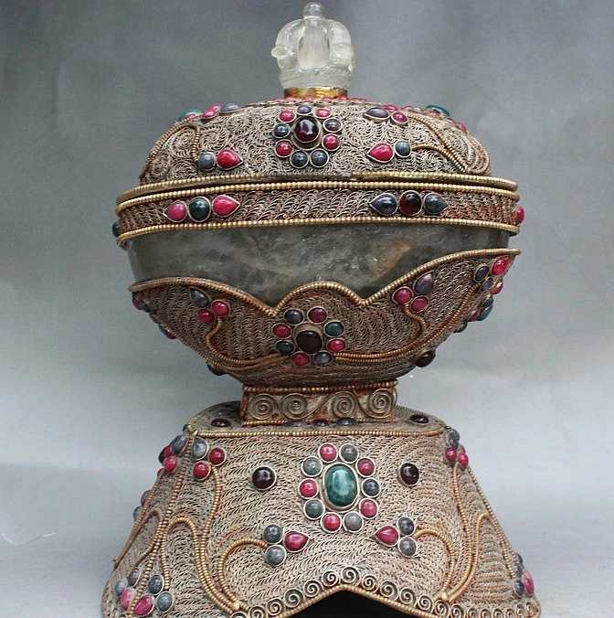 

12" Rare Old Tibet Royal Buddhism Auspicious Silver Crystal Beads Pot Jar Censer