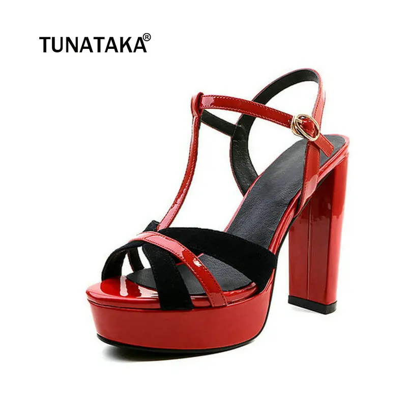 

Genuine Leather Platform Square High Heel Woman Sandals Fashion Buckle Dress Shoes Woman Black Red