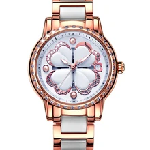 NESUN Fashion Four Leaf Clover With Diamond Case Leather&Stainless Steel Watch Band For Women Watches