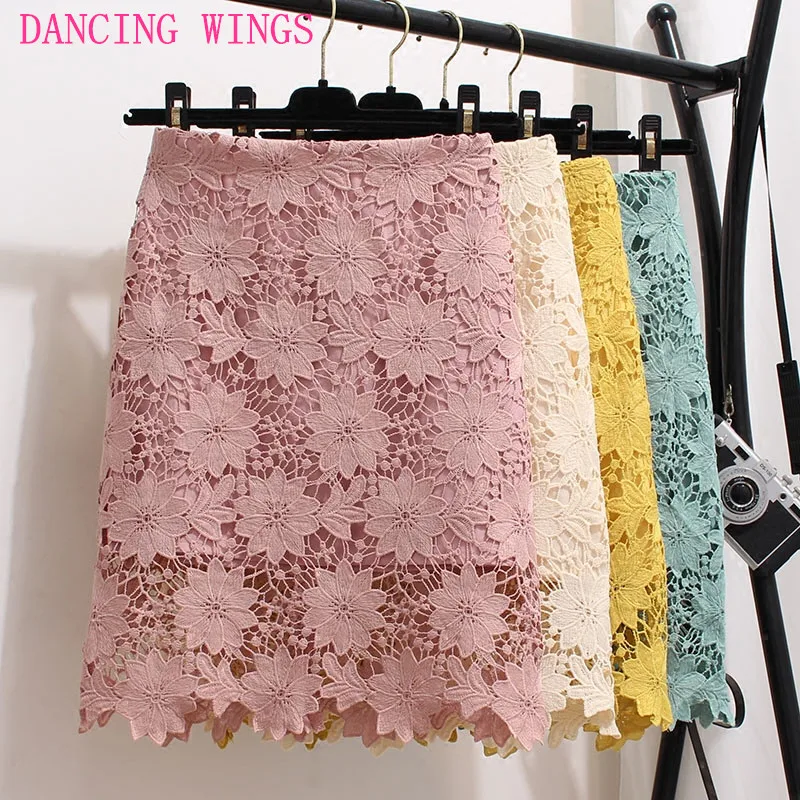Корейская мода, милая вязаная крючком кружевная юбка с вышивкой, летняя розовая юбка с высокой талией, облегающая Короткая Мини-Юбка Для Женщин