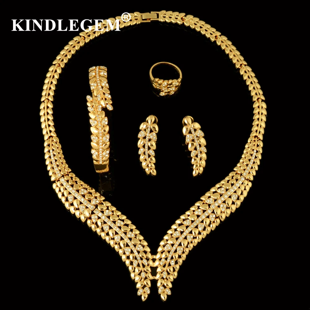 

Kindlegem Brand CC Style Ivy Leaves Jewelry Sets Luxury Dubai Gold 585 For Women Gorgeous Zircon Necklace Bracelet Earring Ring
